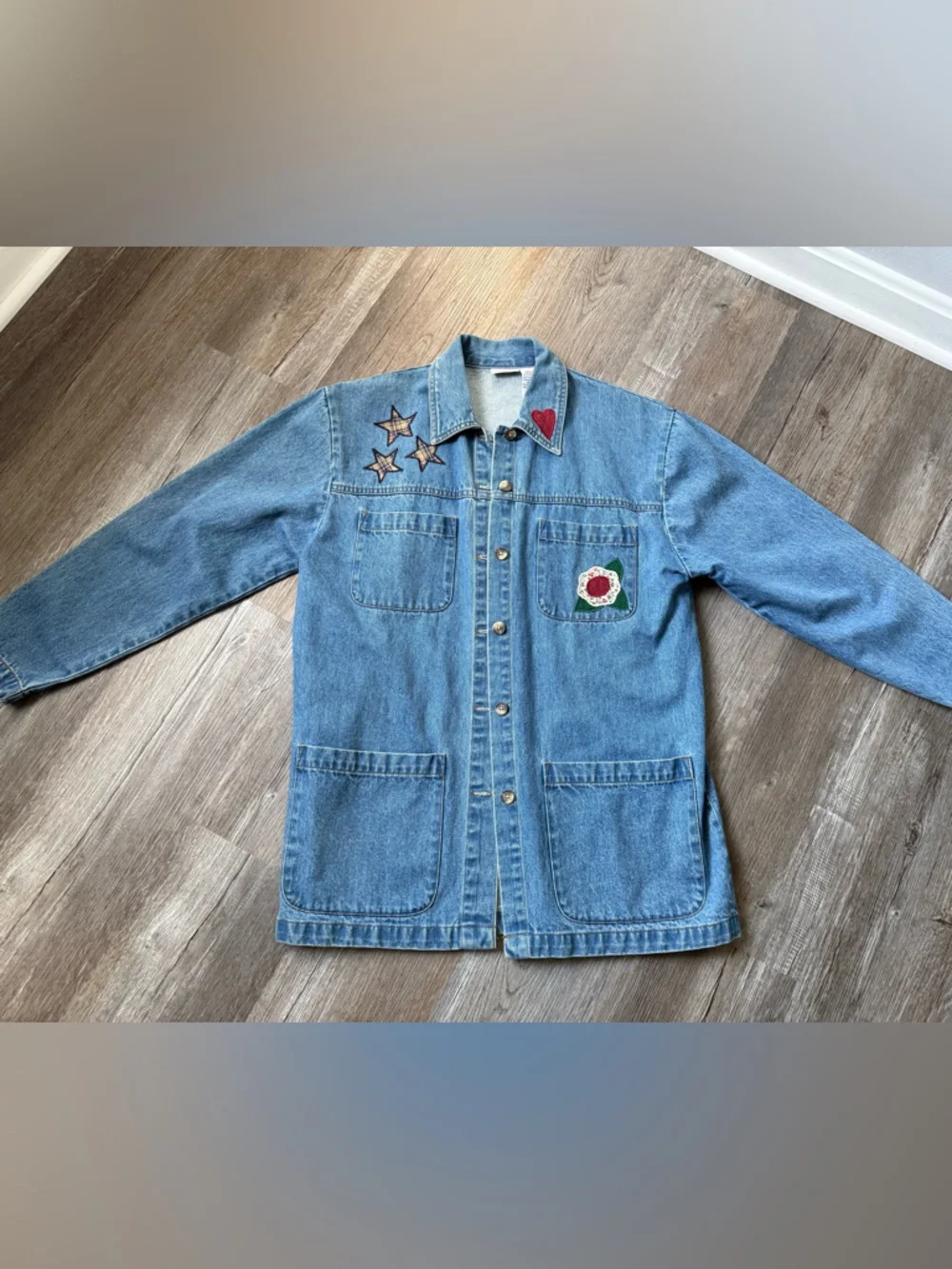 VTG CABIN CREEK Embroidered Denim Button Down Bird Retro Funky Multi Color M - Picture 2 of 6